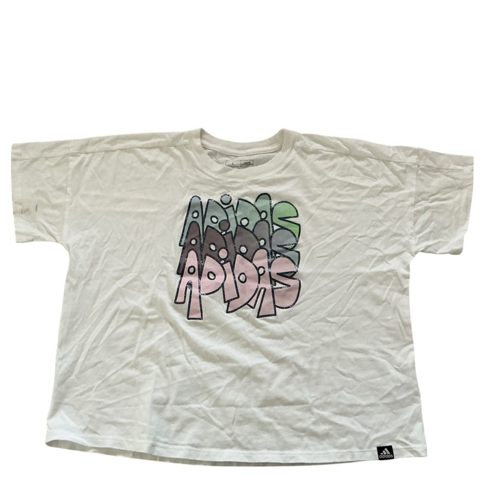 Adidas loose fit crop scoop neck short sleeve graphic tee shirt size 14 girls